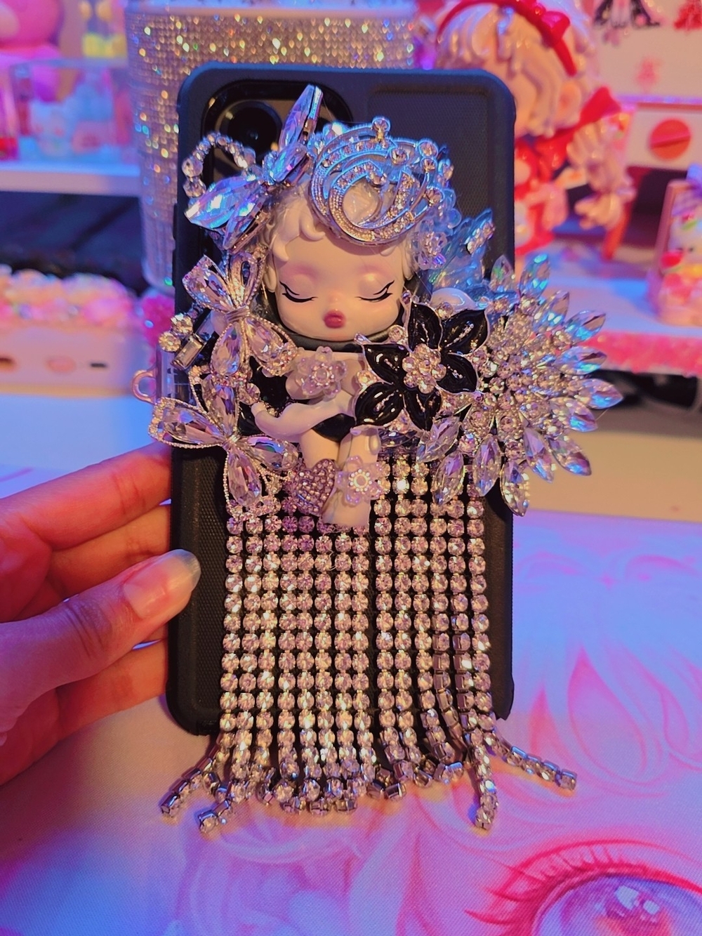 Bling Rhinestone Doll Fringe Phone Clip